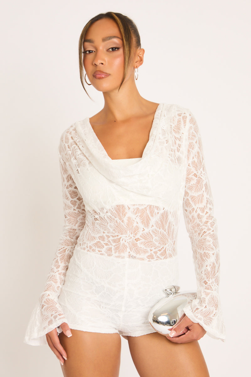 Cream Lace Cowl Front Micro Playsuit - Arabelle