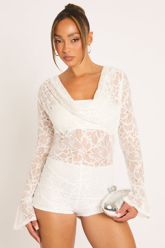 Cream Lace Cowl Front Micro Playsuit - Arabelle