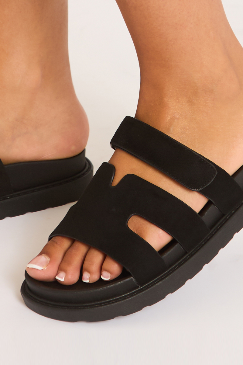 Black Faux Suede Caged Slider Sandals - Mary
