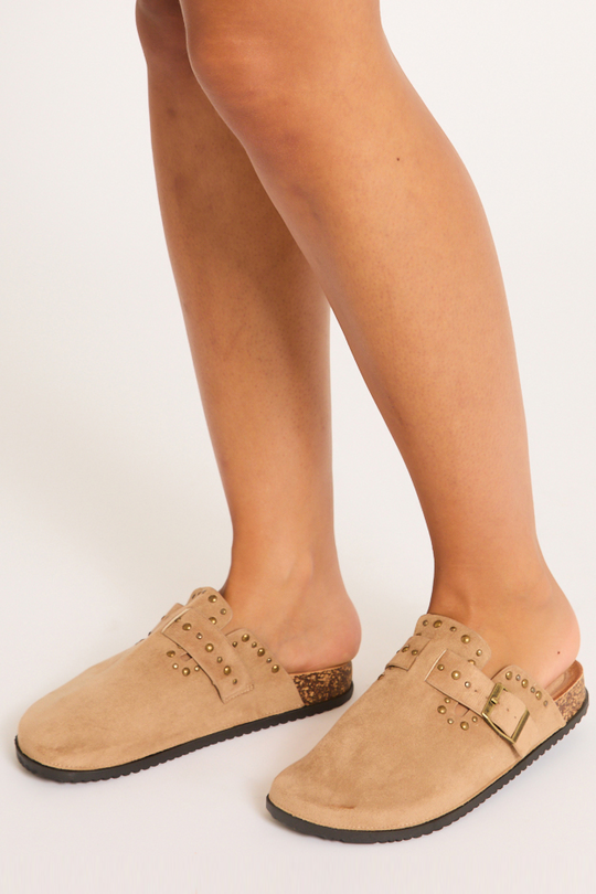 Beige Faux Suede Stud Detail Mules - Devlyn