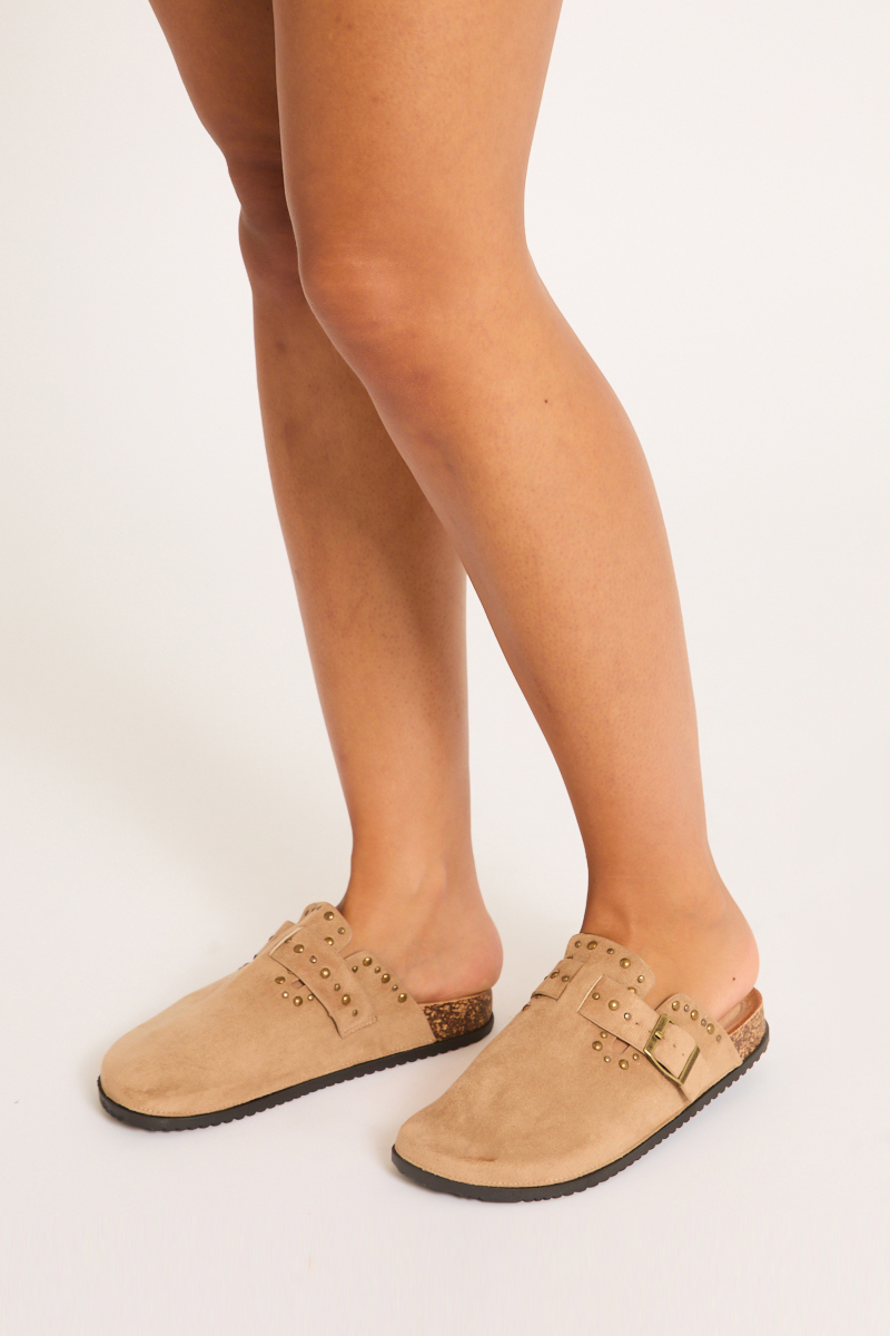 Beige Faux Suede Stud Detail Mules - Devlyn