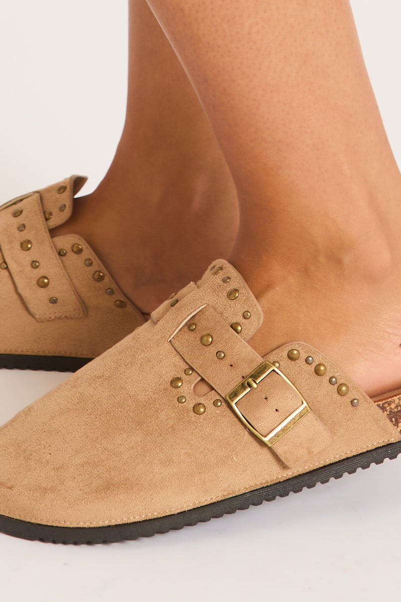 Beige Faux Suede Stud Detail Mules - Devlyn