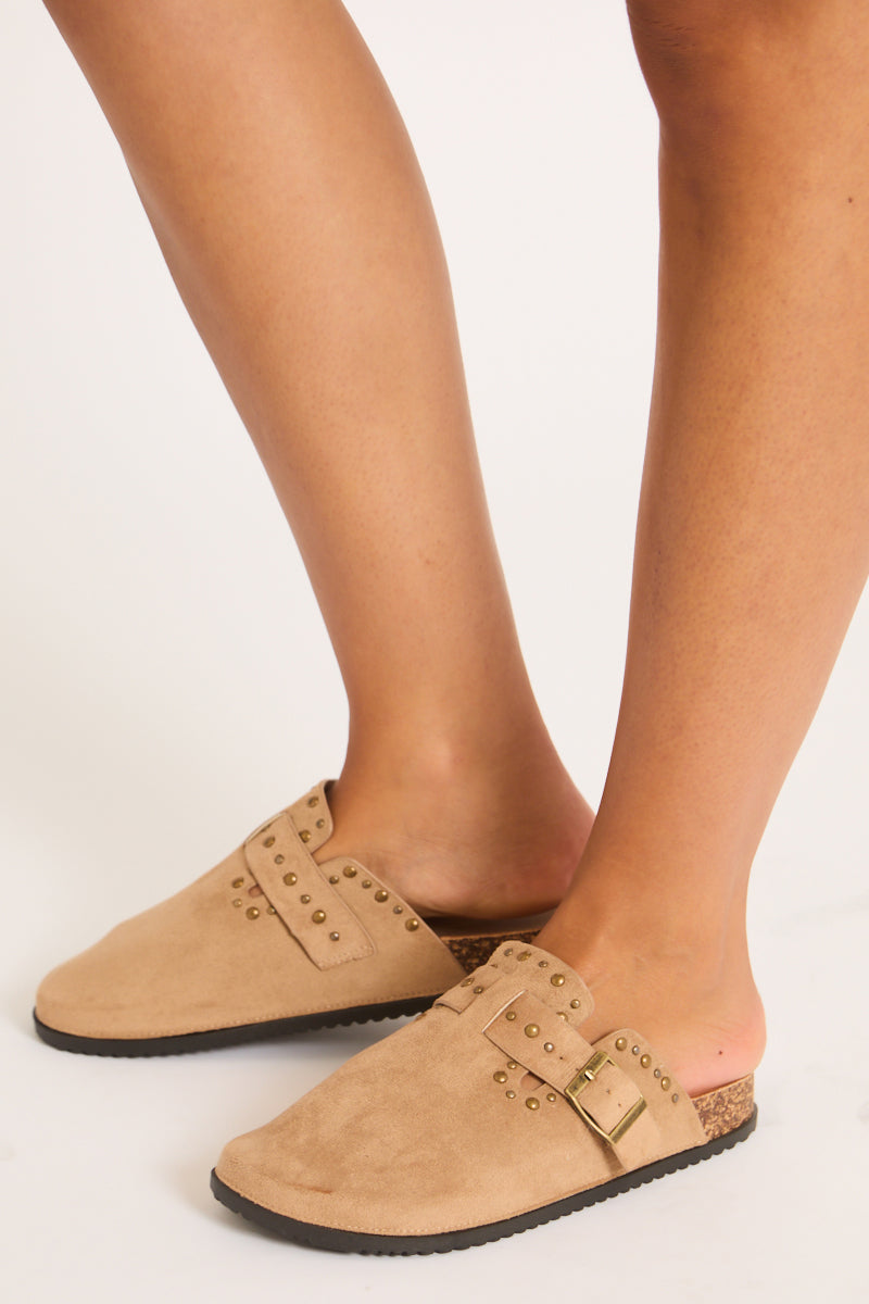 Beige Faux Suede Stud Detail Mules - Devlyn