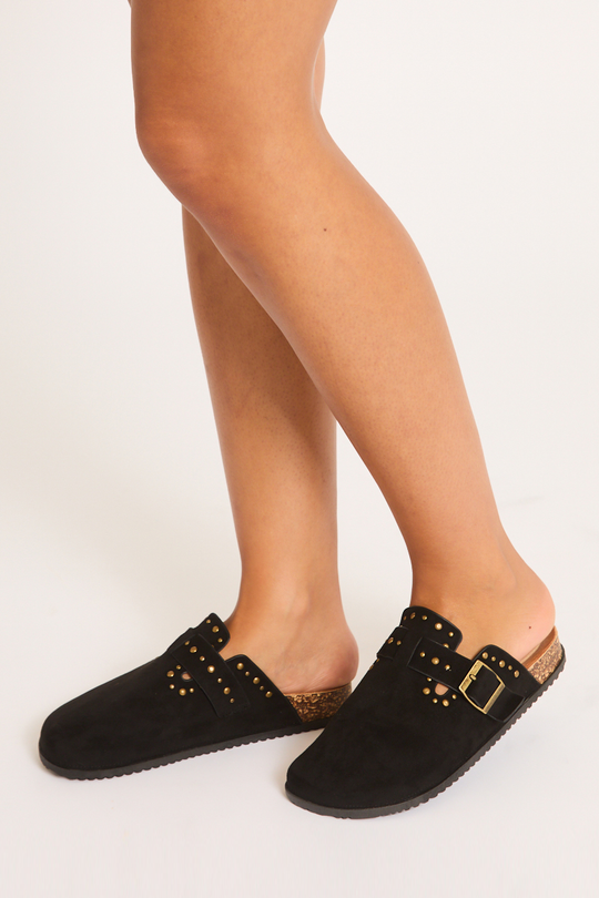 Black Faux Suede Stud Detail Mules - Devlyn