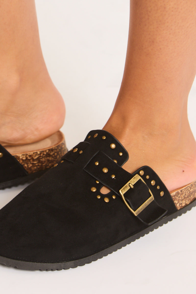 Black Faux Suede Stud Detail Mules - Devlyn