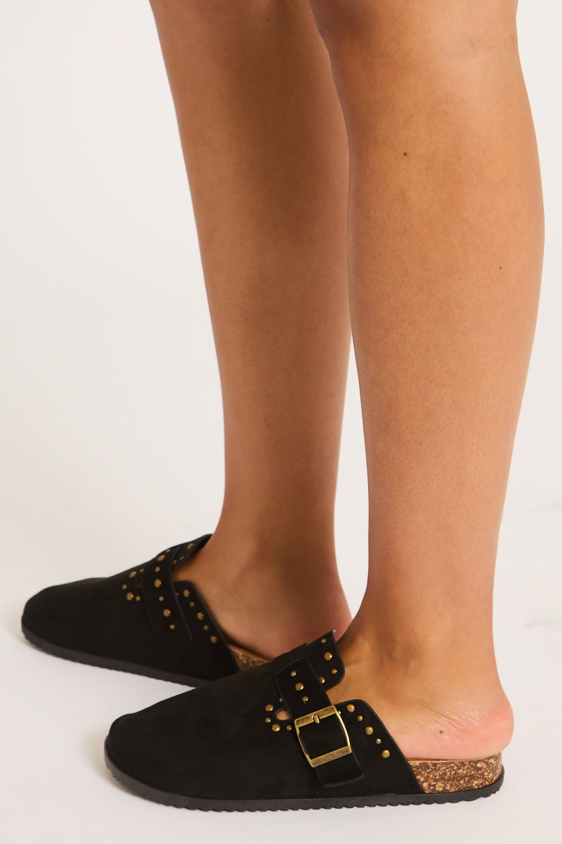Black Faux Suede Stud Detail Mules - Devlyn