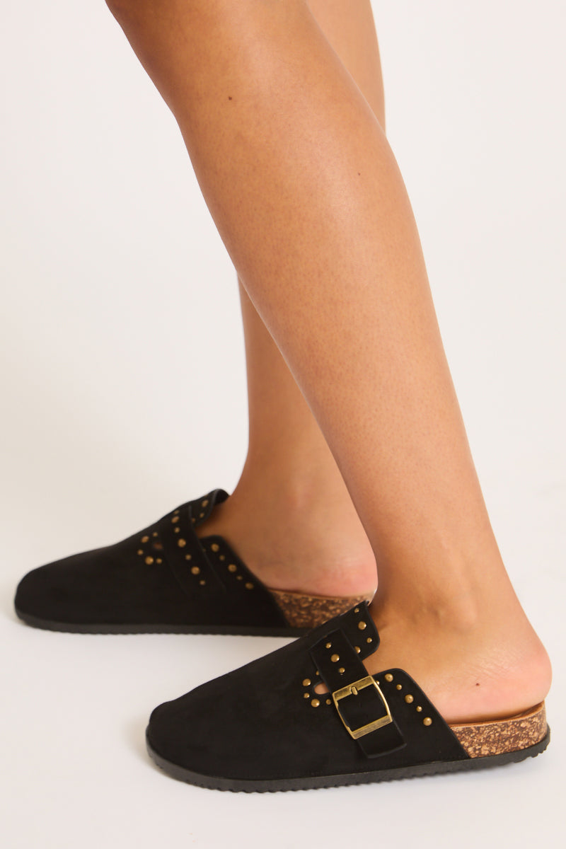 Black Faux Suede Stud Detail Mules - Devlyn