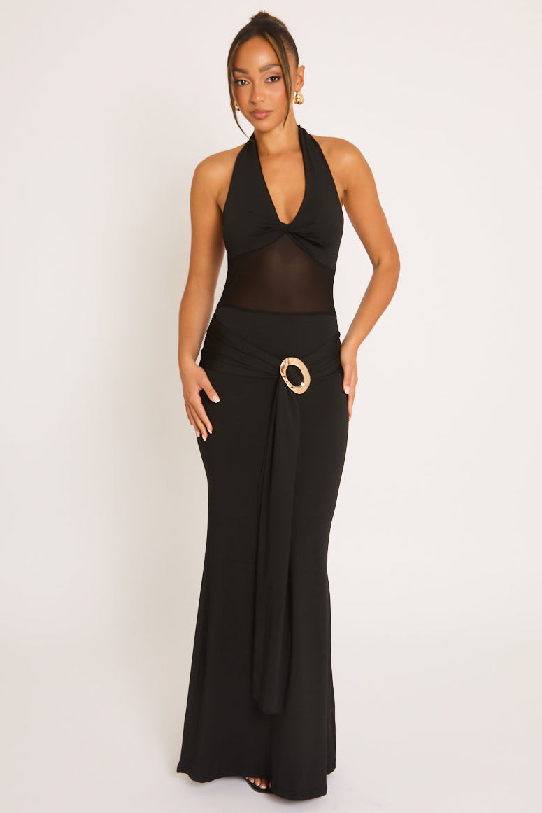 Black Semi Sheer Trim Detail Maxi Dress - Onya
