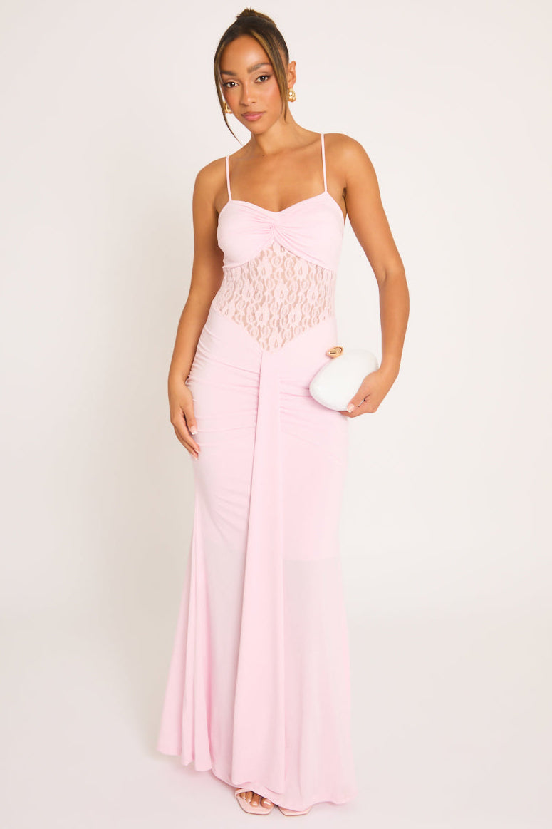 Pink Lace Insert Gathered Maxi Dress - Suki