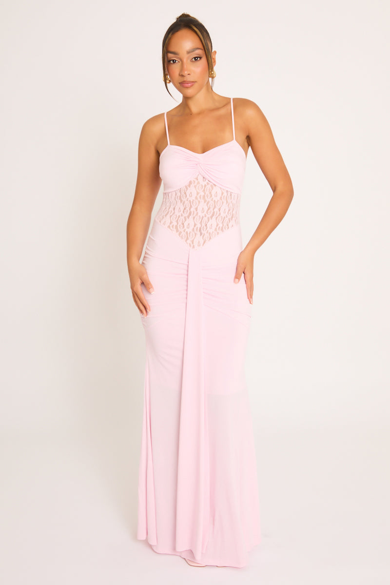 Pink Lace Insert Gathered Maxi Dress - Suki