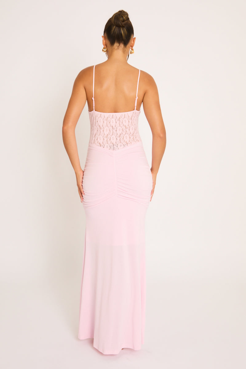 Pink Lace Insert Gathered Maxi Dress - Suki