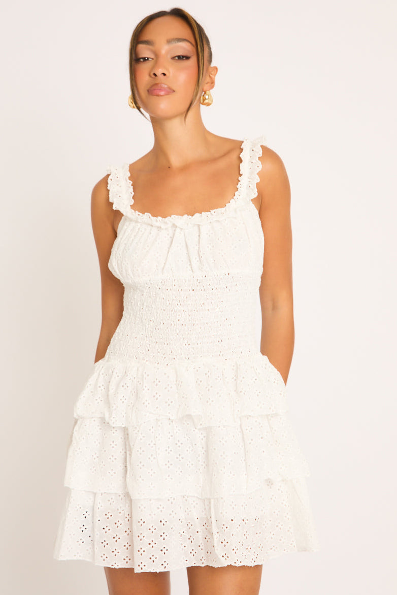 White Broderie Anglaise Tiered Ruffle Mini Dress - Alice