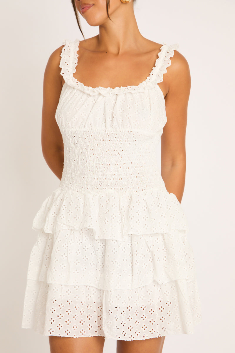 White Broderie Anglaise Tiered Ruffle Mini Dress - Alice