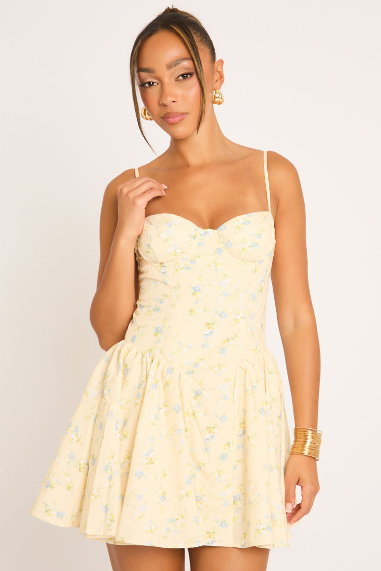 Yellow Ditsy Floral Skater Mini Dress - Lynn