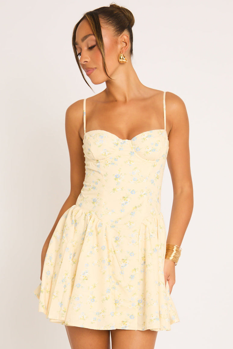Yellow Ditsy Floral Skater Mini Dress - Lynn