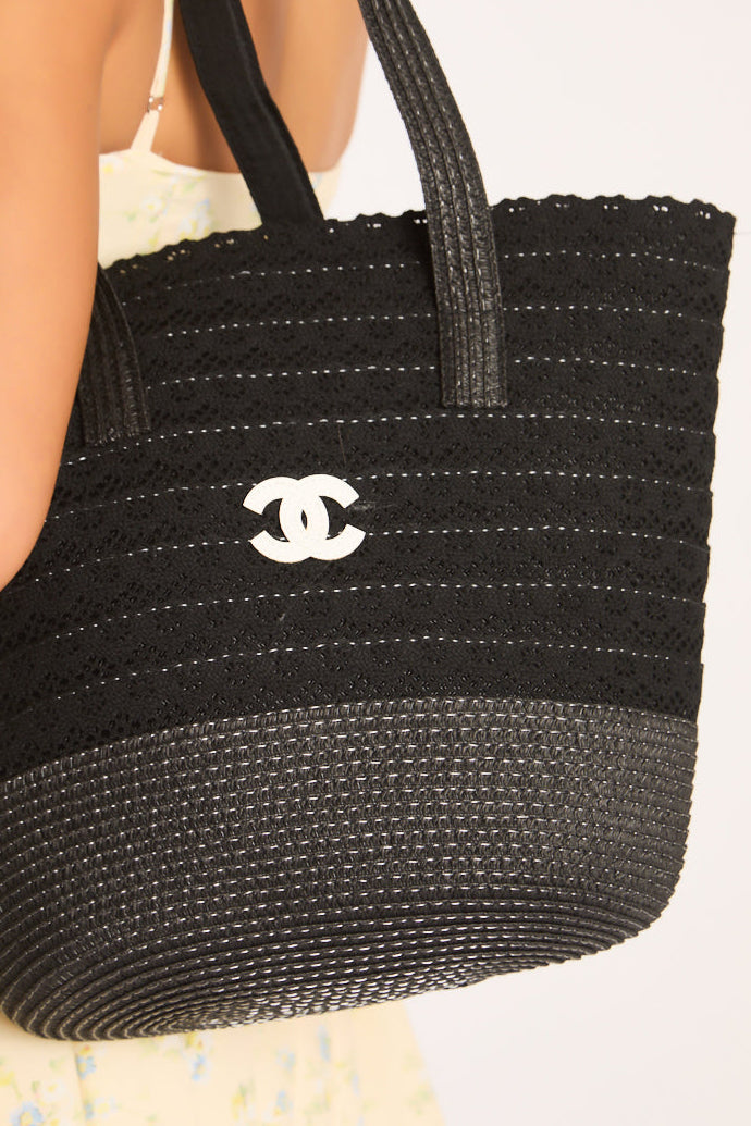 Black Logo Detail Woven Tote Bag - Emmay
