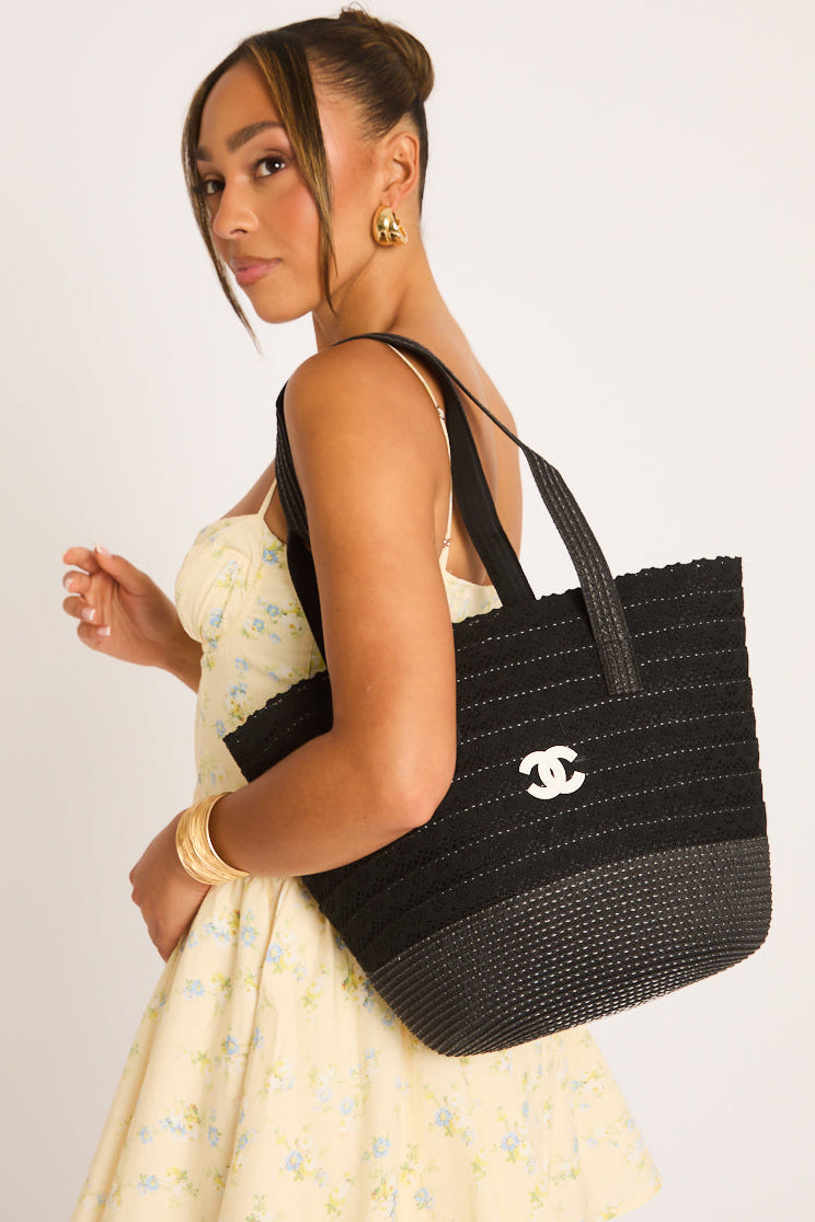 Black Logo Detail Woven Tote Bag - Emmay