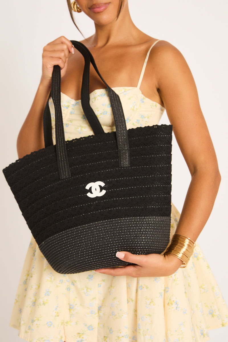 Black Logo Detail Woven Tote Bag - Emmay