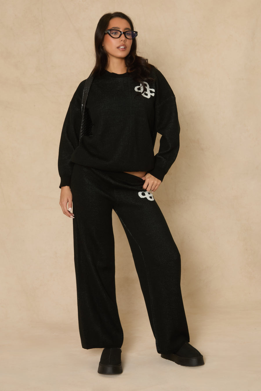 Black Contrast Motif Knit Loungewear Co-ord Set - Regan