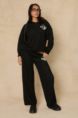 Black Contrast Motif Knit Loungewear Co-ord Set - Regan