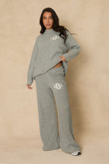 Grey Contrast Motif Ribbed Knit Loungewear Co-ord Set - Ammae
