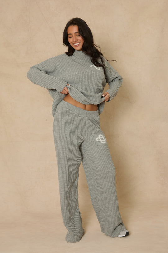 Grey Contrast Motif Ribbed Knit Loungewear Co-ord Set - Ammae