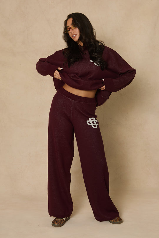 Wine Contrast Motif Knit Loungewear Co-ord Set - Regan