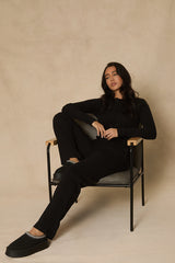 Black Button Front Long Sleeve Top and Trouser Loungewear Co-ord Set - Izzabelle