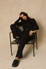 Black Button Front Long Sleeve Top and Trouser Loungewear Co-ord Set - Izzabelle