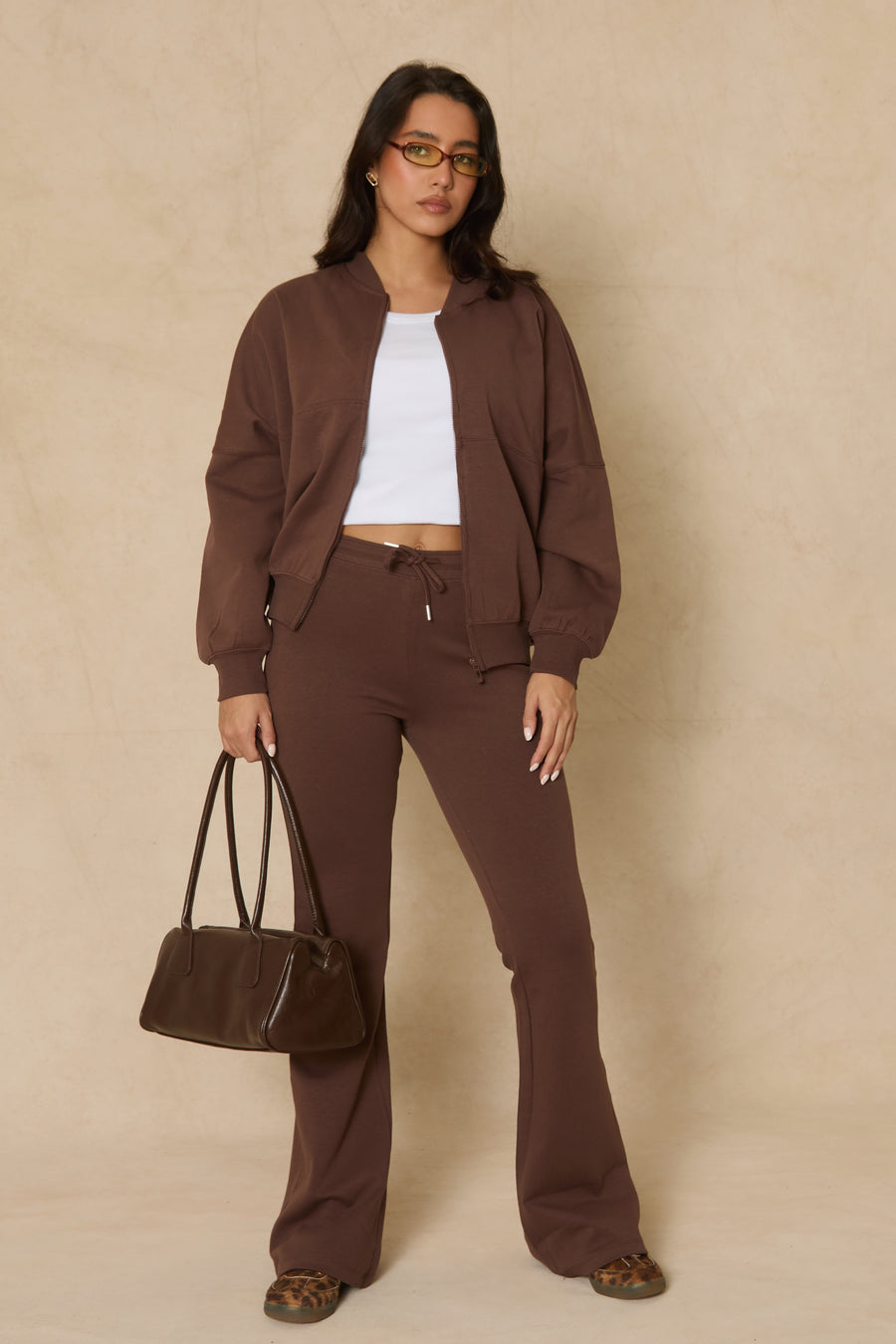 Chocolate Zip Front Bomber And Flare Joggers Loungewear Co-ord Set - Lonie