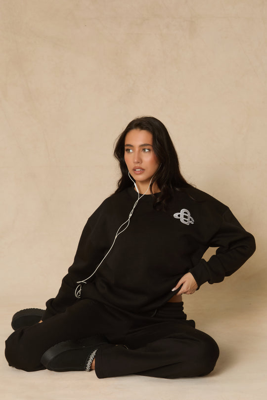 Black Contrast Motif Jumper and Joggers Loungewear Co-ord Set - Oleen