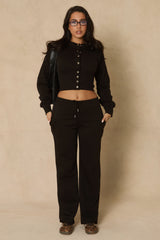 Black Popper Front Cinched Waist Sweatshirt and Wide Leg Trousers Loungewear Co-ord Set - Neelam