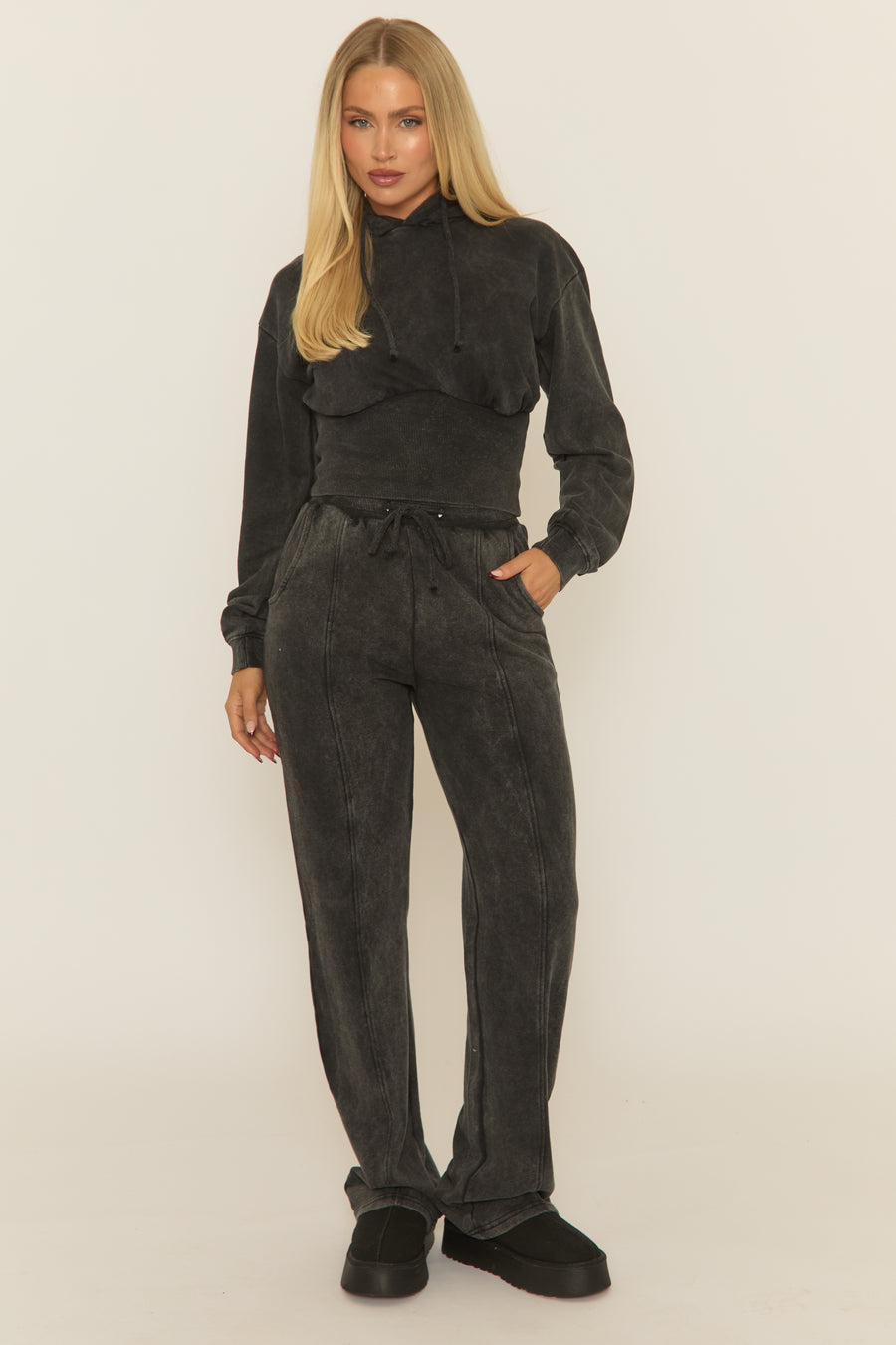 Charcoal Washed Cinched Waist Hoody and Joggers Loungewear Co-ord Set - Destiny