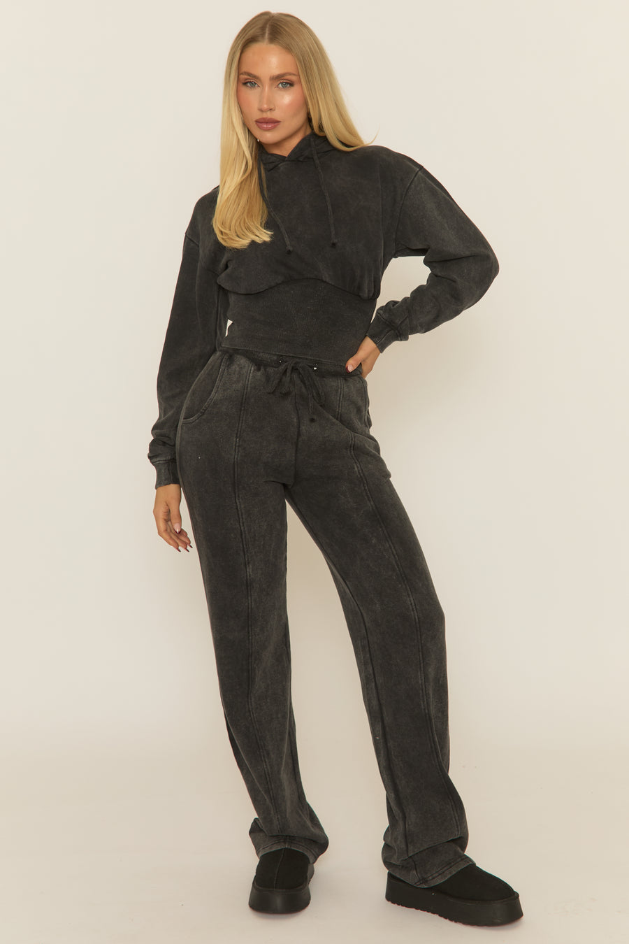 Charcoal Washed Cinched Waist Hoody and Joggers Loungewear Co-ord Set - Destiny