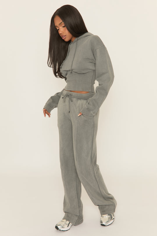 Silver Grey Washed Cinched Waist Hoody and Joggers Loungewear Co-ord Set - Destiny