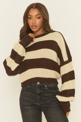 Beige Stripe Cropped Knit Oversized Jumper - Ciara