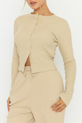 Beige Button Front Long Sleeve Top and Trouser Loungewear Co-ord Set - Izzabelle