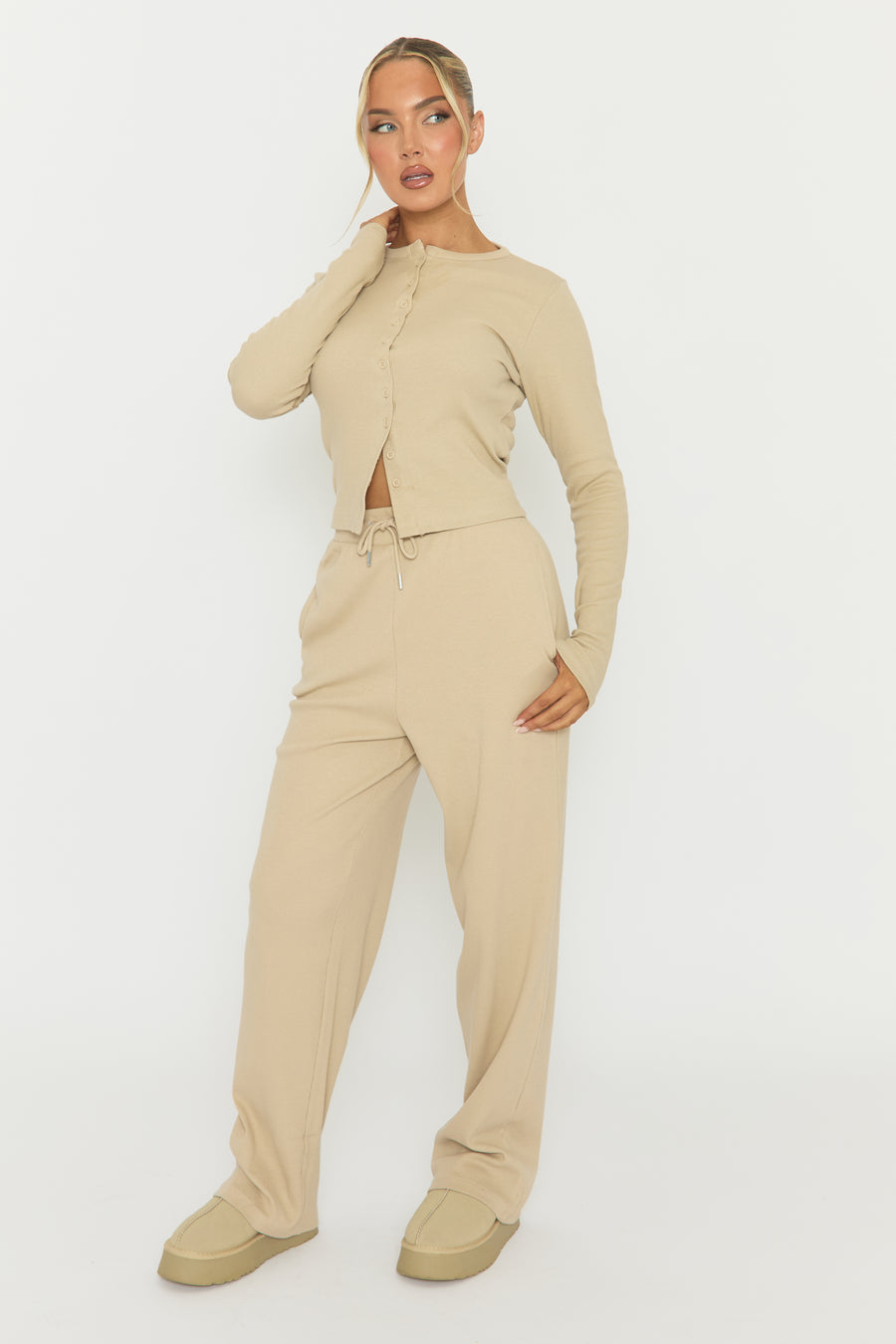 Beige Button Front Long Sleeve Top and Trouser Loungewear Co-ord Set - Izzabelle