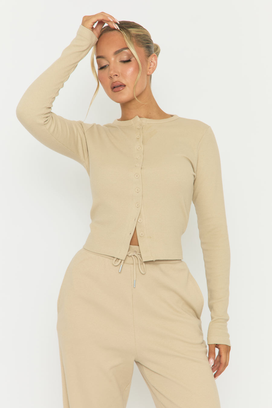 Beige Button Front Long Sleeve Top and Trouser Loungewear Co-ord Set - Izzabelle