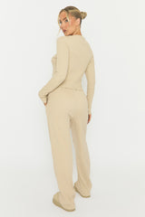 Beige Button Front Long Sleeve Top and Trouser Loungewear Co-ord Set - Izzabelle