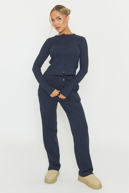 Navy Button Front Long Sleeve Top and Trouser Loungewear Co-ord Set - Izzabelle