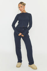 Navy Button Front Long Sleeve Top and Trouser Loungewear Co-ord Set - Izzabelle