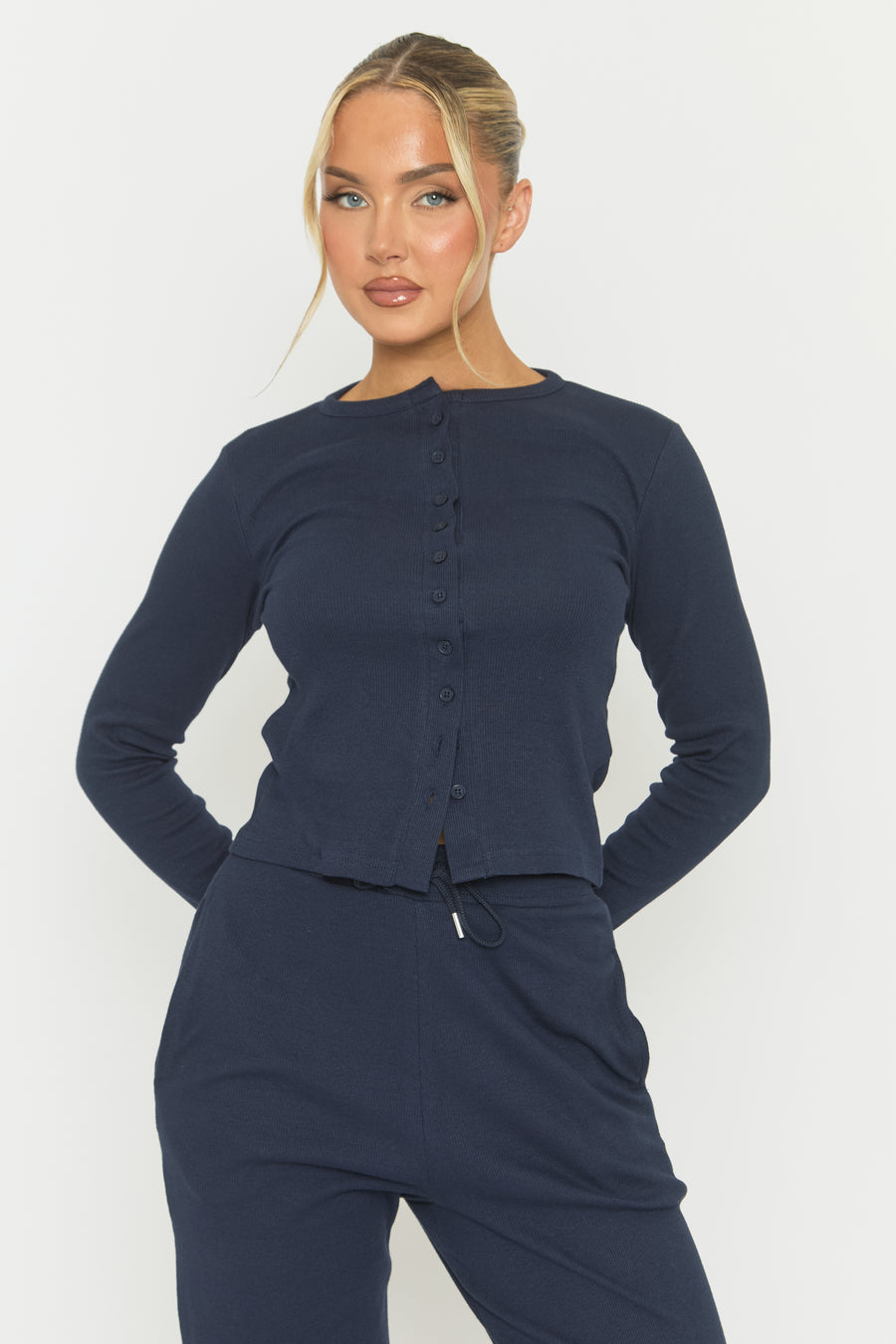 Navy Button Front Long Sleeve Top and Trouser Loungewear Co-ord Set - Izzabelle