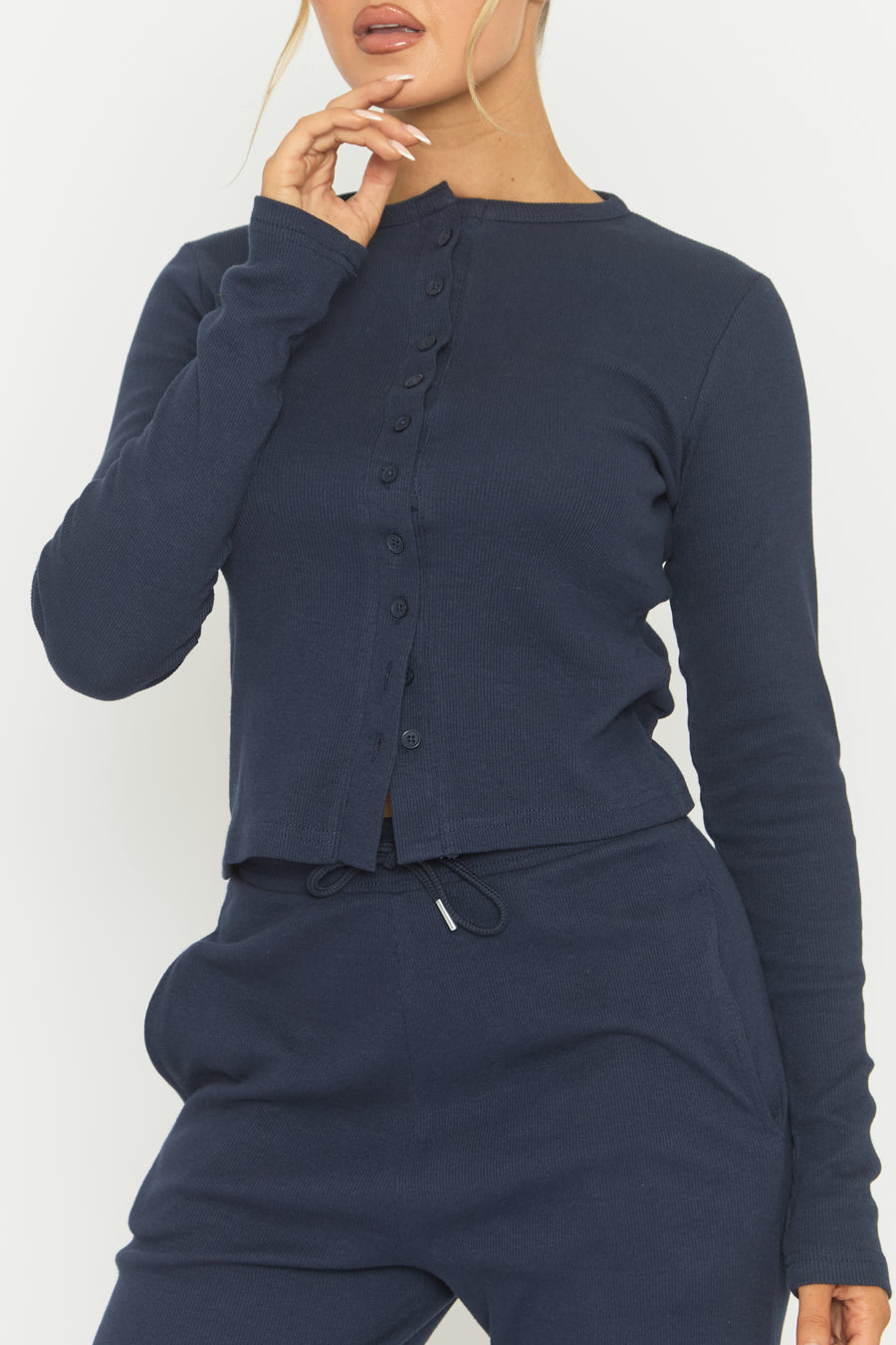Navy Button Front Long Sleeve Top and Trouser Loungewear Co-ord Set - Izzabelle