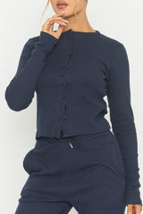 Navy Button Front Long Sleeve Top and Trouser Loungewear Co-ord Set - Izzabelle