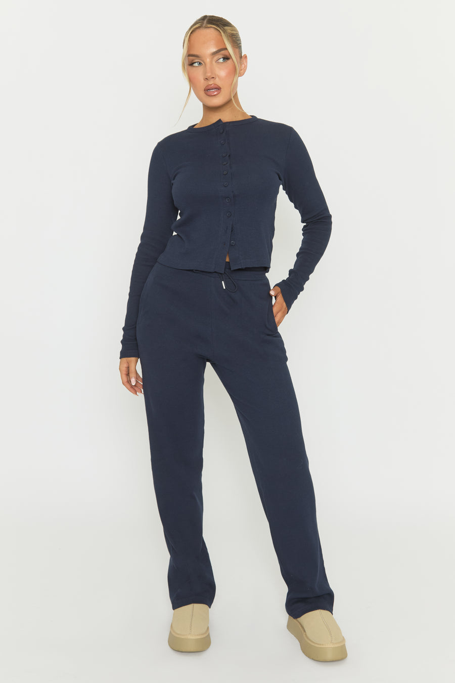 Navy Button Front Long Sleeve Top and Trouser Loungewear Co-ord Set - Izzabelle