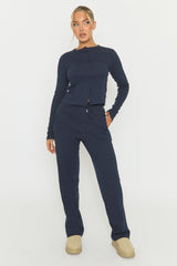 Navy Button Front Long Sleeve Top and Trouser Loungewear Co-ord Set - Izzabelle