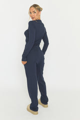 Navy Button Front Long Sleeve Top and Trouser Loungewear Co-ord Set - Izzabelle