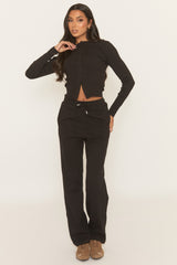 Black Button Front Long Sleeve Top and Trouser Loungewear Set - Izzabelle