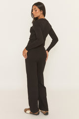 Black Button Front Long Sleeve Top and Trouser Loungewear Set - Izzabelle
